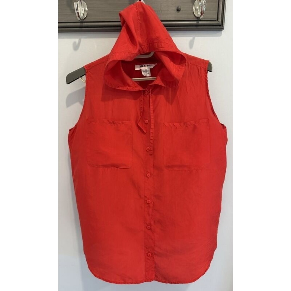 Vtg‎ Silk Mist Sleeveless 100% Silk Loose Button Front Shirt Hood Tomato Red M